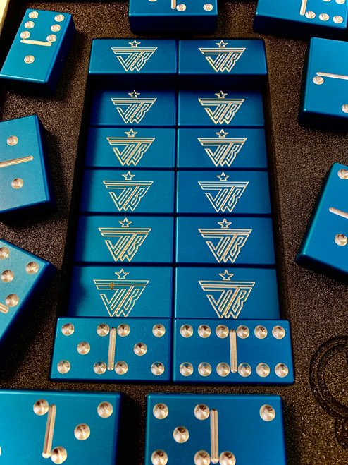 Dominoes, Blue Dominoes, Custom Dominoes, Metal Dominoes, Engraved Dominoes. Aluminum Dominoes