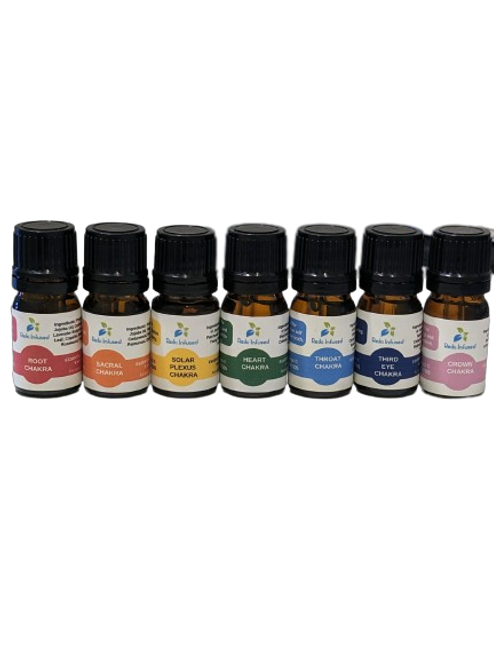 Set of 7 Reiki Infused Chakra Oils in 5 ml bottles, designed for aromatherapy to balance and harmonize energy centers.