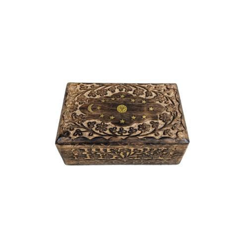 Celestial Inlay Floral Carved 8" Wooden Box