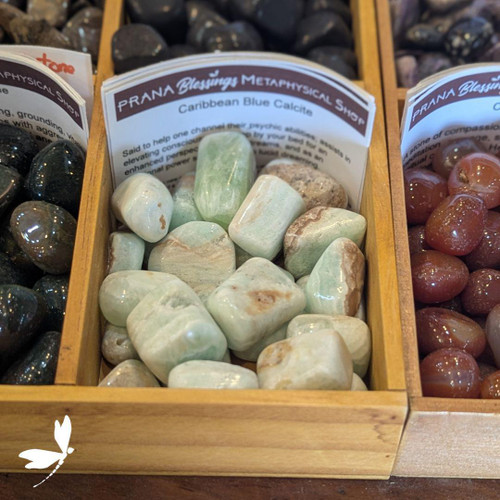 Tumbled Caribbean Blue Calcite stones in ocean-blue and seafoam green hues displayed in a wooden bin at Prana Blessings Metaphysical Shop — calming crystals for relaxation and lucid dreaming. Tumbled Caribbean Blue Calcite stones in ocean-blue and seafoam green hues displayed in a wooden bin at Prana Blessings Metaphysical Shop — calming crystals for relaxation and lucid dreaming.