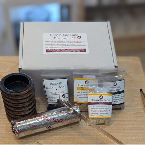 Complete resin incense ritual set with burner, resins, charcoal, tongs, and reusable storage box.