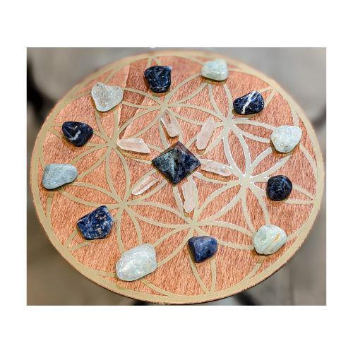 Handmade Flower of Life Sacred Geometry Pattern on wood, 8-inch poplar plywood circle with gold vinyl inlay, perfect for crystal grids and spiritual practices. This shows crystals for healing communication.