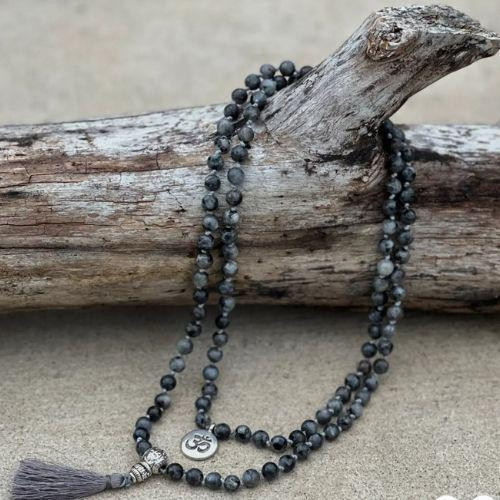 Labradorite 108 beads hand-knotted mala necklace with Tibetan silver Guru bead and charm, 32-inch meditation and yoga prayer beads.