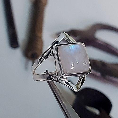 Sterling silver Abundant Energy Rainbow Moonstone ring handcrafted by Crystal Earth Studios, artisan gemstone jewelry.