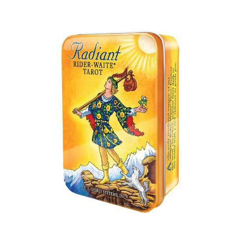 Radiant Rider-Waite Tarot in Tin — pocket-sized colorful tarot deck featuring updated Pamela Colman Smith artwork, available at Prana Blessings Metaphysical Shop.