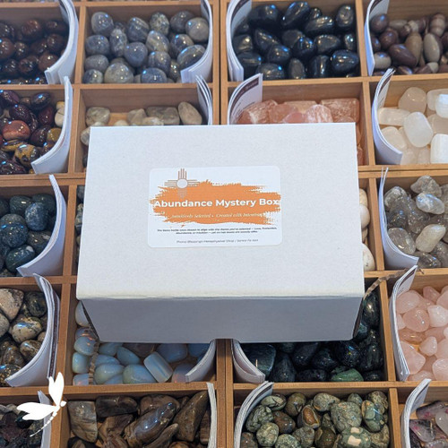 Abundance Mystery Box with gold brushstroke label and Zia sun symbol, intuitively curated with prosperity tools for manifestation and gratitude. Abundance Mystery Box with gold brushstroke label and Zia sun symbol, intuitively curated with prosperity tools for manifestation and gratitude.