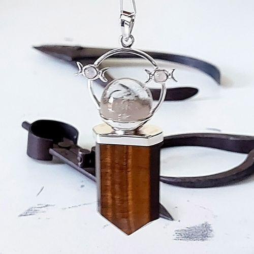 Orbit Globe Pendant | Tiger Eye & Clear Quartz | Sterling Silver