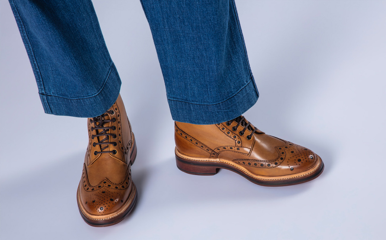Fred | Mens Brogue Boot in Tan Calf Leather with a Leather Sole
