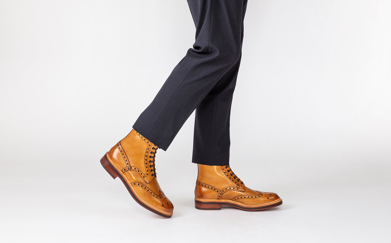 Fred | Mens Brogue Boot in Tan Calf Leather with a Leather Sole