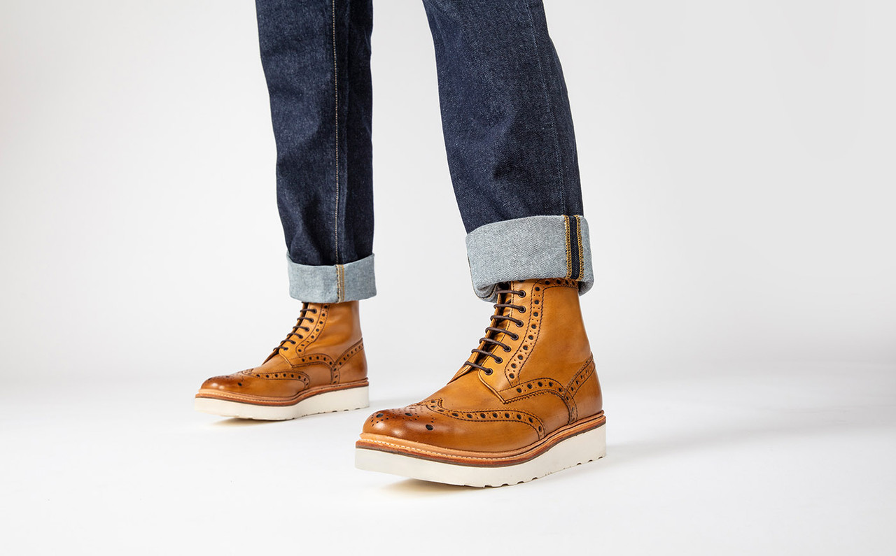 Mew Mew Milepæl Nødvendig Fred | Mens Brogue Boot in Tan Calf Leather with a White Wedge Sole |  Grenson Shoes