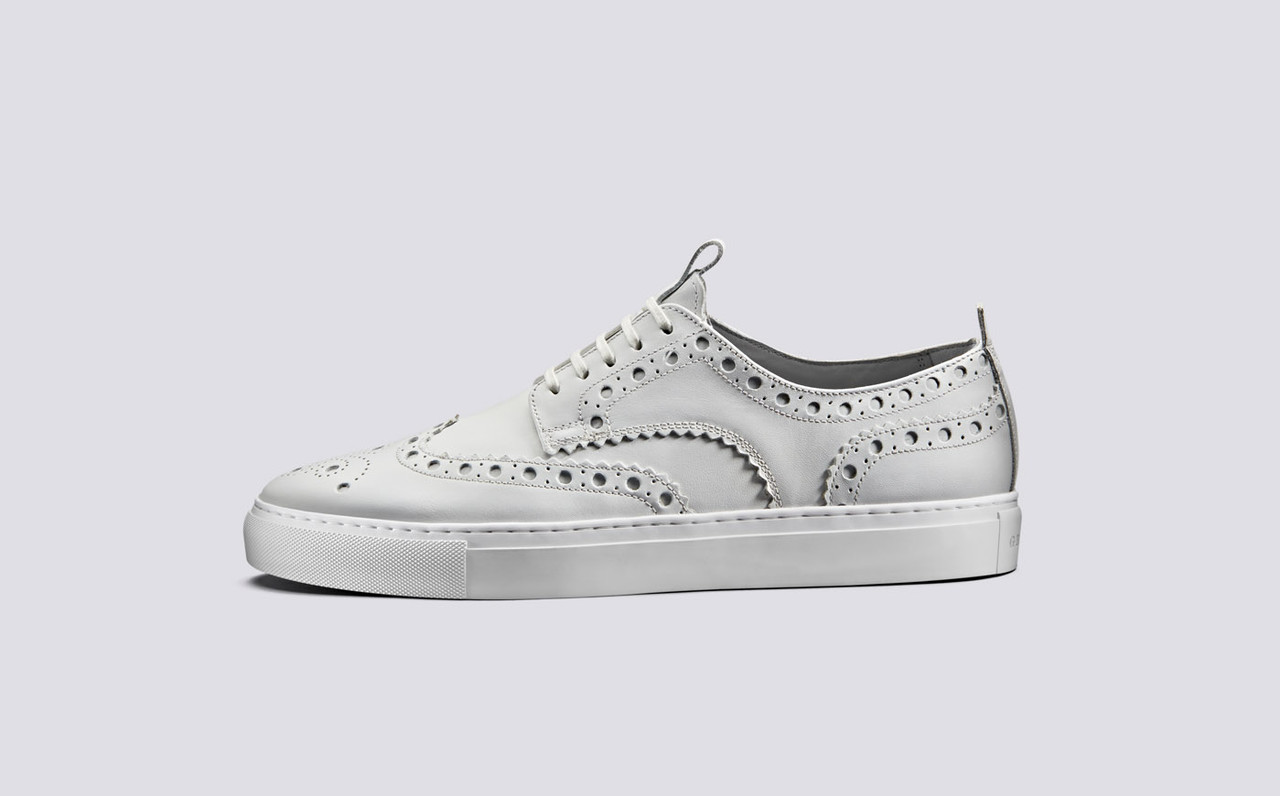 3 Mens Brogue Sneaker in White Calf Leather on White Rubber Sole | Grenson Shoes