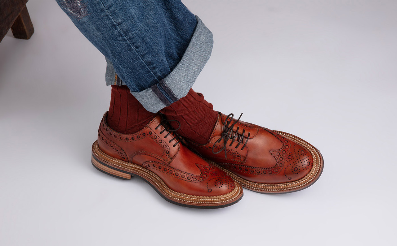 Archie | Mens Brogue Shoes in Tan Handpainted Leather with a