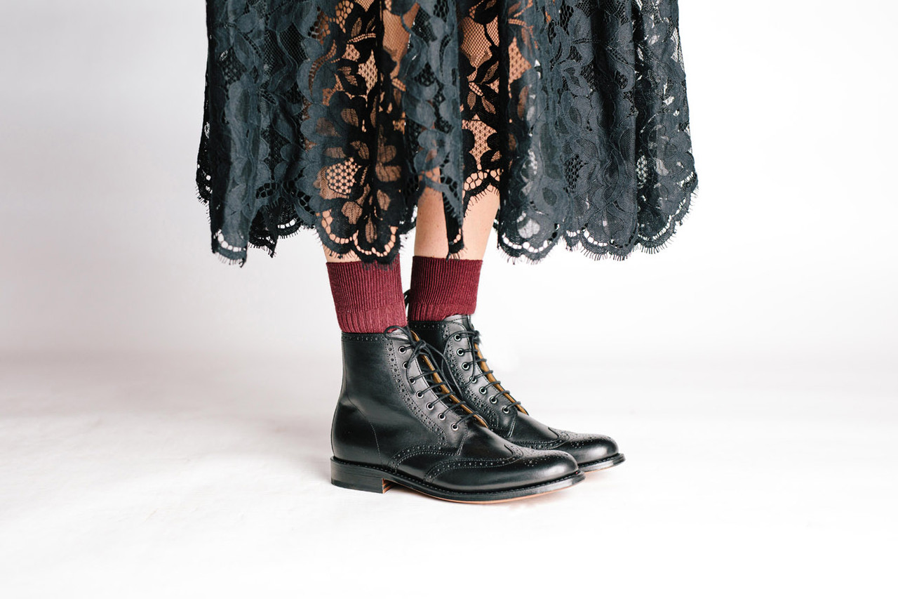 Ella | Womens Brogue Boot in Black Calf Leather with a Leather Sole ...