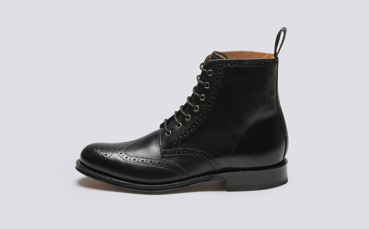 Ella | Womens Brogue Boot in Black Calf Leather with a Leather Sole ...