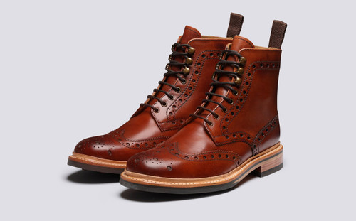 Fred | Mens Brogue Boot in Tan Calf Leather with a Leather