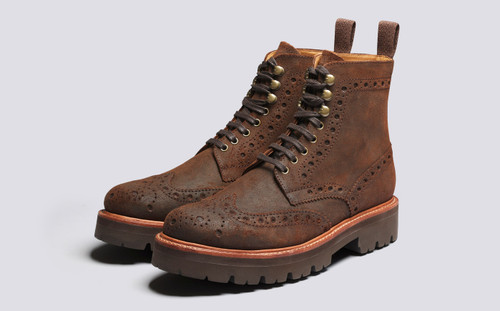 Fred | Mens Brogue Boot in Dark Brown Hand Painted Calf