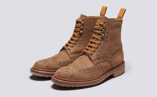 Fred | Mens Brogue Boot in Dark Brown Hand Painted Calf