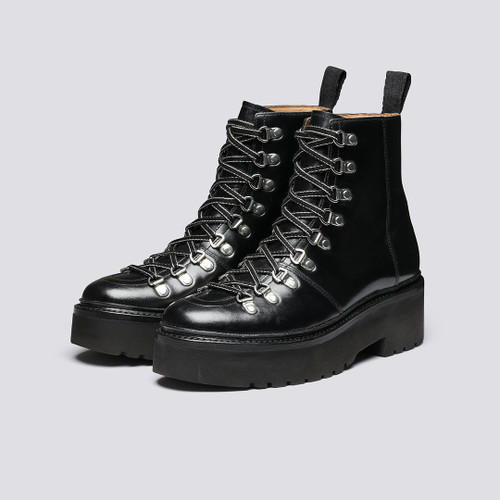 Nanette | Womens Hiker Boots Black Leather Hi Rise | Grenson