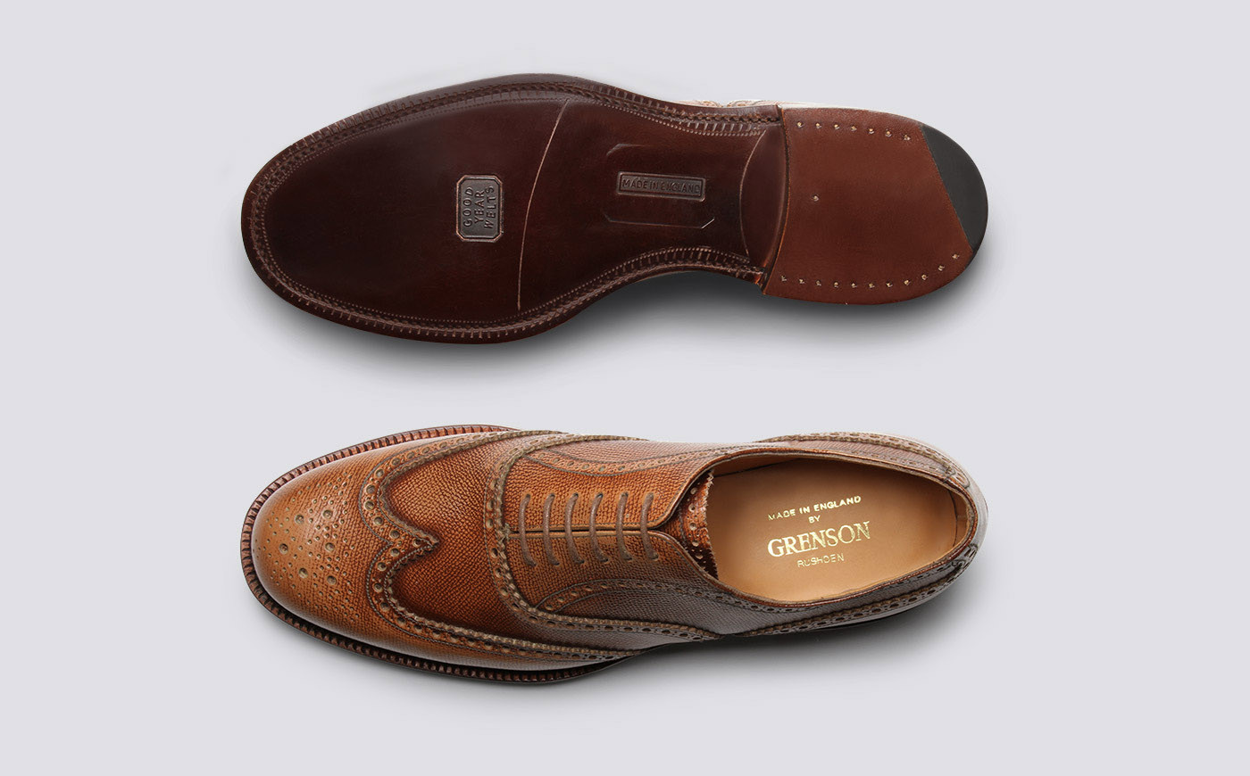 Shoe No.4 | Mens Brogues in Tan Grain Leather on a Leather