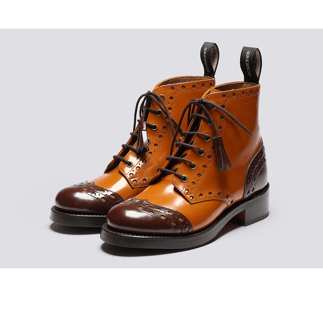 Grenson Fallon, Women’s Brogue Derby Boots, Tan Gloss Leather, Tan/Brown Size: UK 7