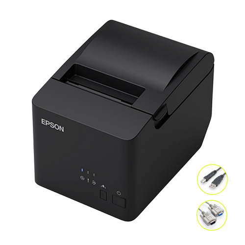 Angled view of Epson TM-T82IIIL black thermal receipt printer with status LEDs and USB and serial cables