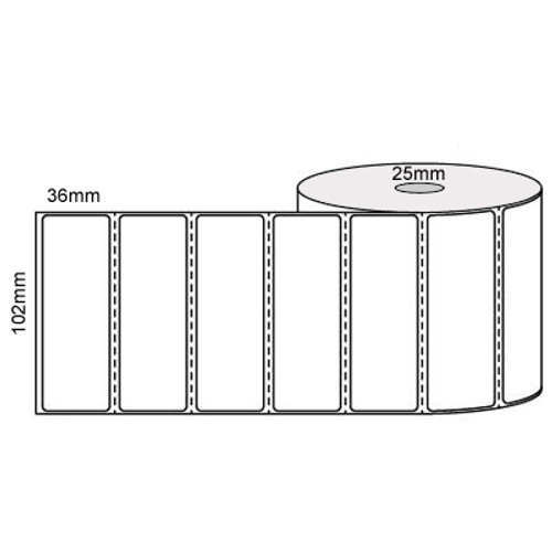 102mm x 36mm - White Thermal Transfer Perforated Labels, Permanent Adhesive, 25mm core, (1000/roll) - L13412