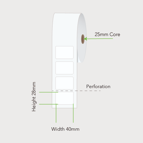 40mm x 28mm - White Direct Thermal Permanent Labels, 25mm core, (2000/roll)