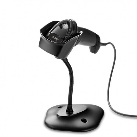 Zebra DS2208 corded 2D handheld barcode scanner in black, standing in its hands-free stand