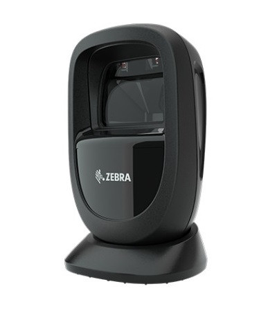 Zebra DS9308 hands-free 2D barcode scanner in black, seated in its presentation stand with USB cable