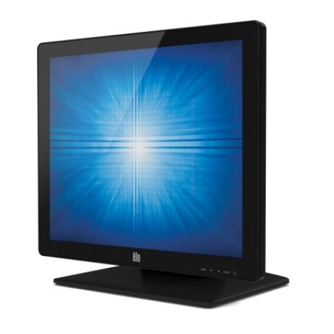 Elo 1517L 15-inch black desktop touch monitor with LED display on stand, showing blue graphic screen