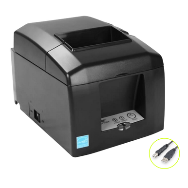 Star Micronics TSP654II USB thermal receipt printer with autocutter and included USB cable, black desktop unit