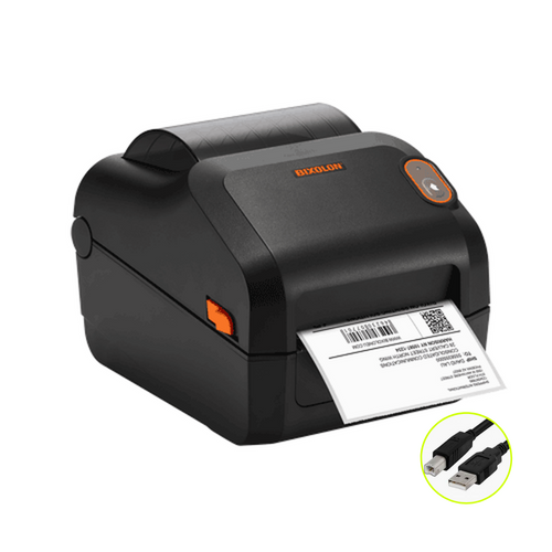 Bixolon XD3-40DK 4-inch direct thermal label printer printing a barcode label with USB cable shown