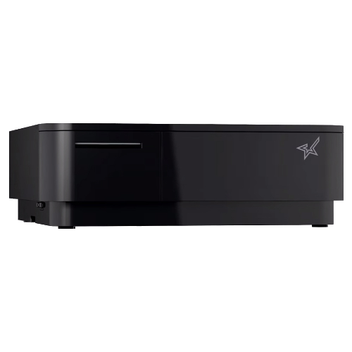 Star mPOP10CBI compact black Bluetooth printer and cash drawer POS unit, front view closed
