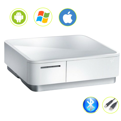 Star Micronics mPOP white POS system showing Android, Windows, iOS, Bluetooth and USB compatibility icons