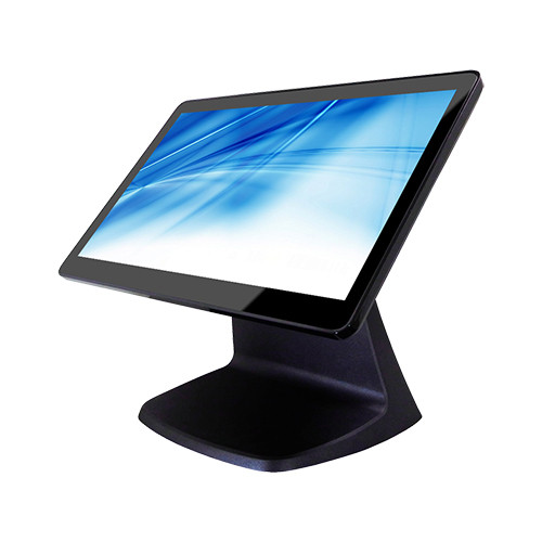 Element CA250W 15.6-inch bezel-free black POS terminal on die-cast stand, front angled view