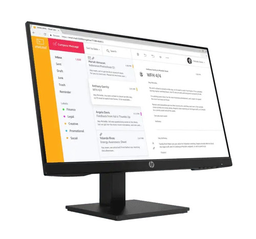 HP P24h G4 23.8-inch Full HD black monitor with height-adjustable stand, shown displaying email on screen