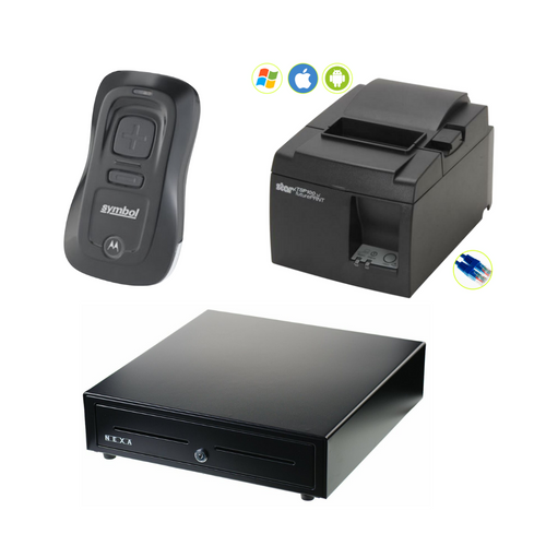 Combo for Star TSP143III LAN Thermal Receipt Printer, Motorola CS3070 BT Barcode Scanner and Nexa CB900 Black Cash Drawer