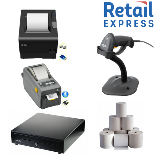 Epson TM-T82III USB Thermal Receipt Printer, Zebra ZD410 USB Label Printer, Cash Drawer, Zebra LS-2208 USB Barcode Scanner & Box of Thermal Paper ...