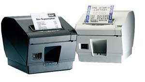 Star Micronics TSP743II USB receipt printers in grey and white, each printing a receipt