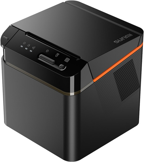 Angled view of SUNMI NT311 black 80mm cloud kitchen printer with control buttons on top