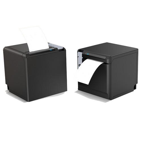 Two Element RW60+ black thermal receipt printers showing top and front paper loading