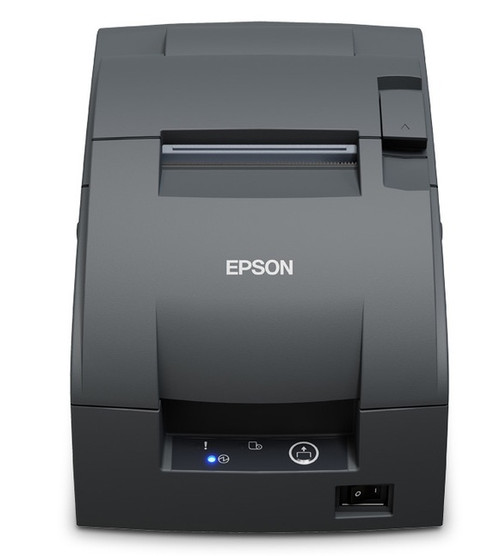 Front view of Epson TM-U220IIB dark grey impact dot matrix Ethernet printer with auto-cutter slot