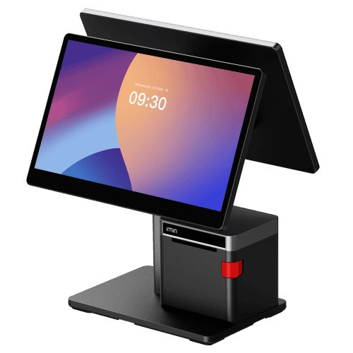 iMin Swan 2 all-in-one POS with dual 15.6-inch screens and built-in 80mm thermal receipt printer, Android 13