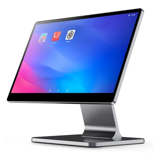 iMin Swan 1 Gen 2 15.6-inch IPS touchscreen desktop POS terminal with slim metal stand, Android interface shown
