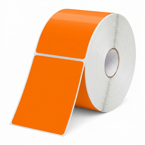 Orange 100mm x 150mm (4" x 6") direct thermal label roll, 400 blank perforated labels on a 25mm core