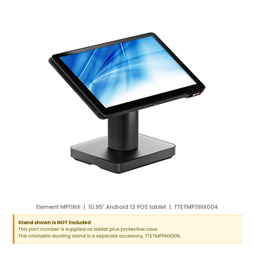 Element MP11NX 10.95 inch Android 13 POS tablet, shown docked on the optional rotatable stand which is not included