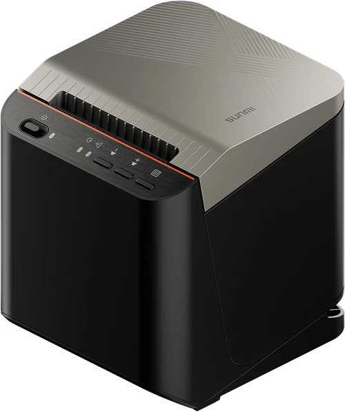 Sunmi NT320 80mm thermal receipt and label printer in black with brushed metal lid, Wi-Fi and Bluetooth model