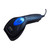 Cino FuzzyScan F560 corded linear barcode scanner in black, shown at an angle with the blue scan window illuminated