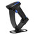 Nexa ZED 2952 cordless 2D barcode scanner in black, sitting in its charging stand, angled front view
