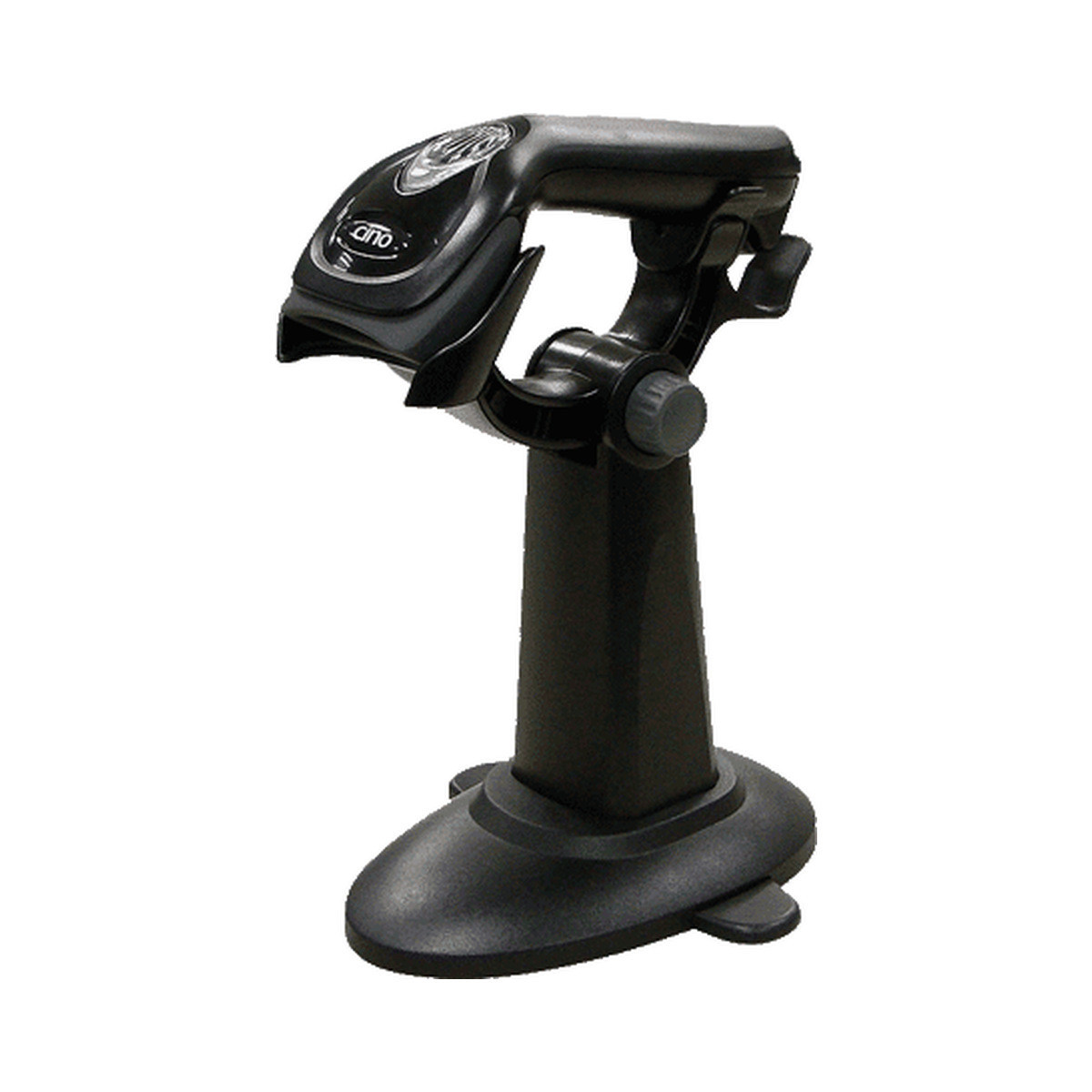 Cino F560 barcode scanner resting in its black hands free stand on a counter